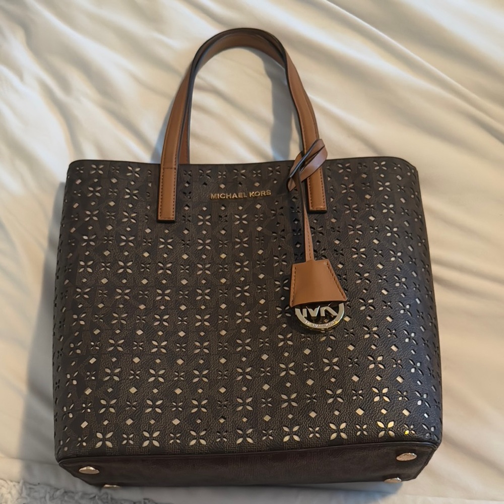 Michael Kors Brown Structured Tote with Geometric Pattern